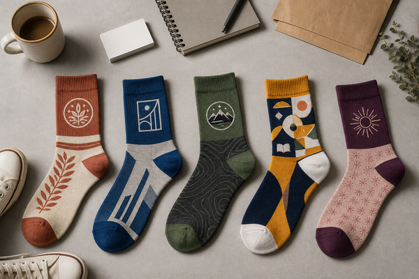 SQUARE1 custom casual sock designs arranged in a lifestyle flat lay
